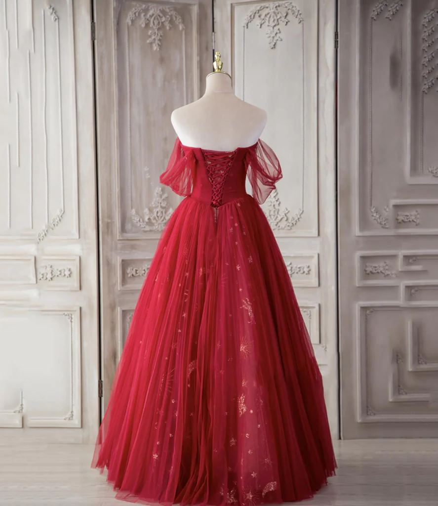 Red Sweetheart Tulle Long Beautiful Prom Dresses, Wine Red Party Dresses Evening Gown  gh9