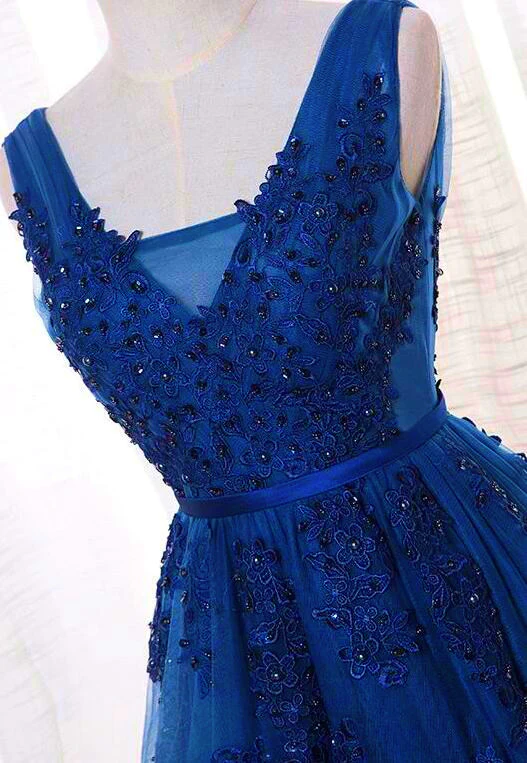 Elegant Blue Lace Applique Long Party Dress, Blue Prom Dress  gh381