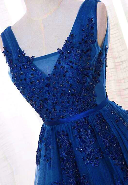 Elegant Blue Lace Applique Long Party Dress, Blue Prom Dress  gh381