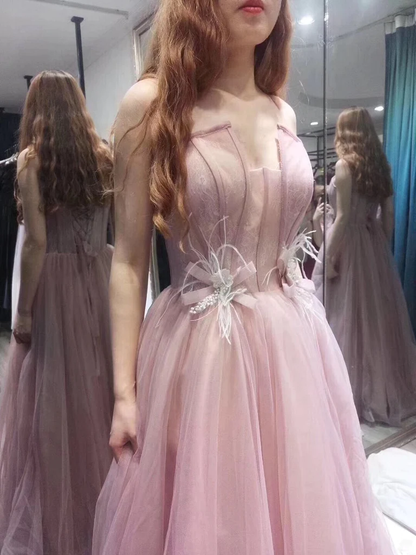 Charming Tulle Straps Long Formal Gown, Pink Elegant Party Dress  gh539