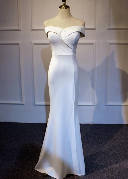 Elegant White Off Shoulder Slit Mermaid Party Dress, White Party Gown gh407
