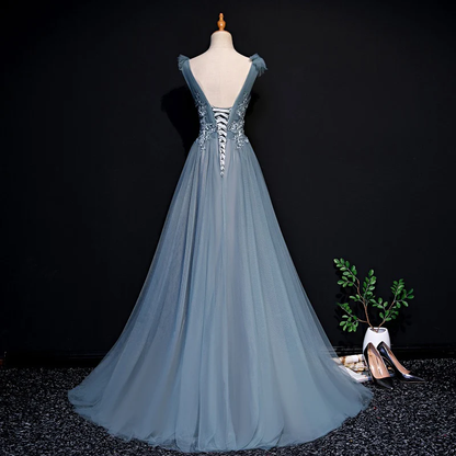 Beautiful Blue Tulle Long Party Dress, A-Line Prom Dress With Lace Applique gh271