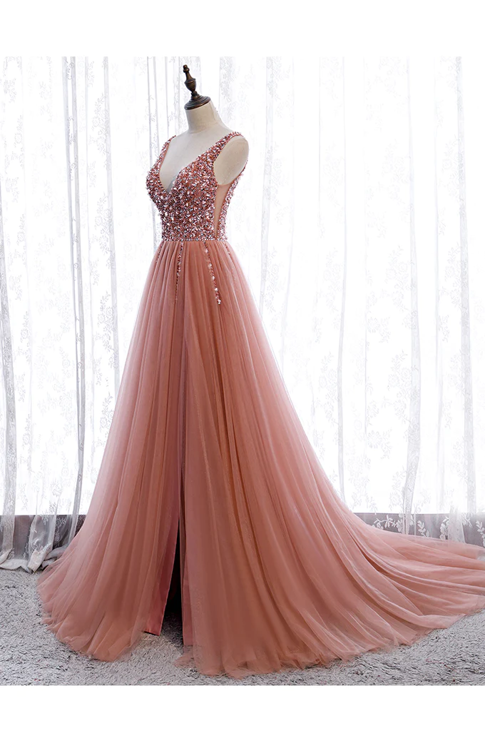 Pink Long Sparkle Beaded Tulle Slit Prom Dress,Pink V-Neckline Evening Gown gh161