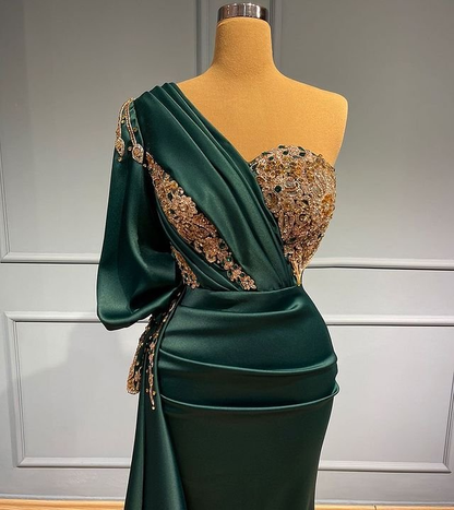 Dark Green One-Shoulder Mermaid Beads Prom Dress With Appliques gh713