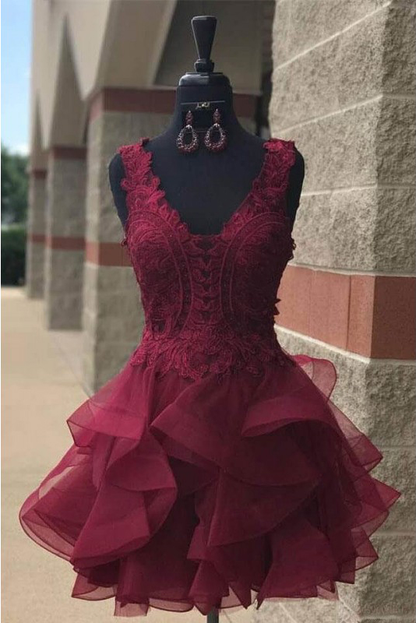Organza Homecoming Dress,Lace Homecoming Dresses,Short Party Dresses,Lace Homecoming Dresses,V Neck Prom Dresses,Burgundy Homecoming Dresses gh874