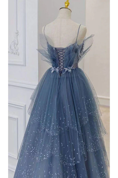 Blue gorgeous sparkling exquisite beaded long tulle ball gown evening dress with rhinestones multi-layered dress gh1001