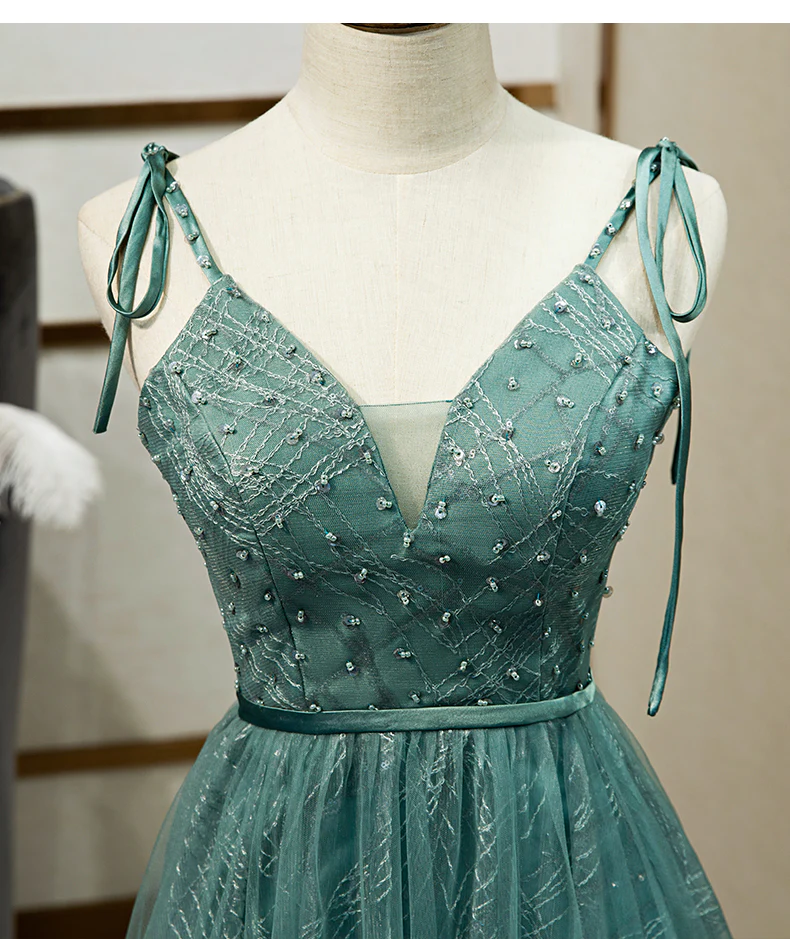 Green Tulle Long Prom Dress, New V-Neckline Straps Long Party Dress gh286