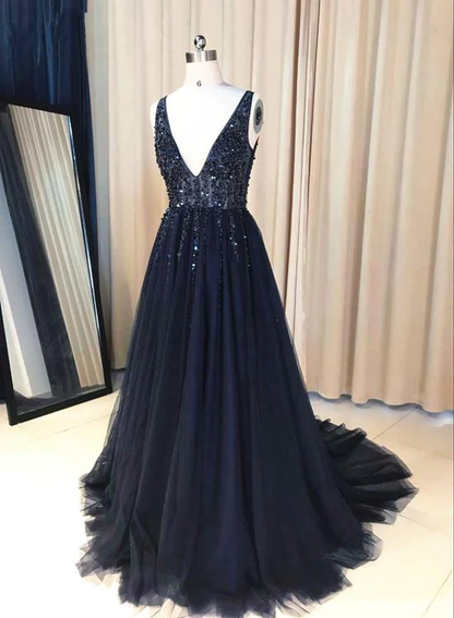 Navy Blue V-Neckline Beaded Long Prom Dress, Chic Tulle Sparkle Formal Dress Party Dress  gh124