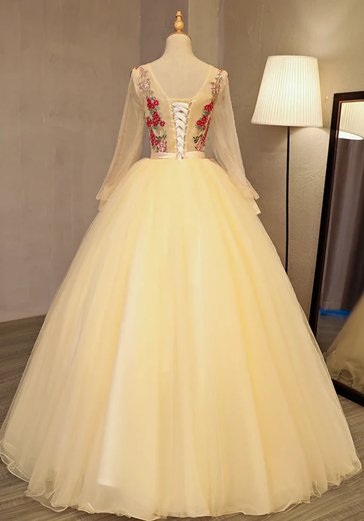Beautiful Light Yellow Long Sleeves Quinceanera Dress, Ball Gown Sweet 16 Dress gh287