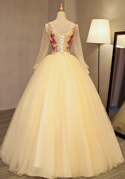 Beautiful Light Yellow Long Sleeves Quinceanera Dress, Ball Gown Sweet 16 Dress gh287