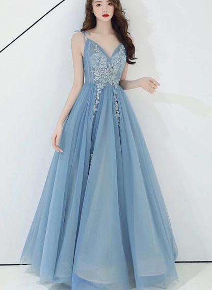 Charming Blue V-Neckline Tulle Party Dress With Staps, Long Prom Dress  gh373