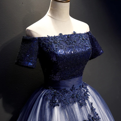 Charming Navy Blue Gradient Tulle With Lace Applique Party Gown, Short Sleeves Formal Dress  gh502