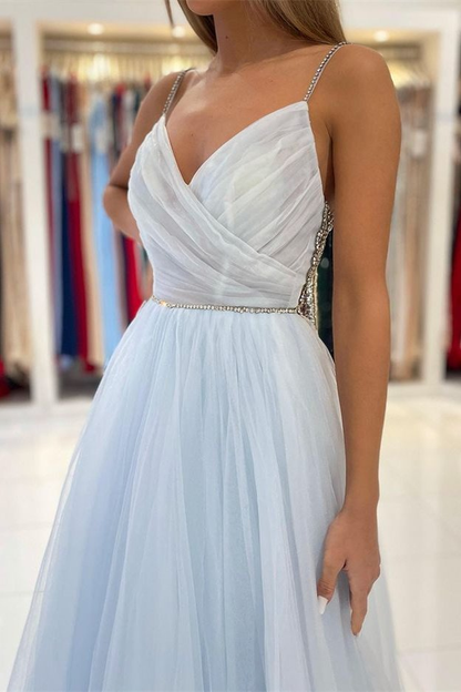 Light Sky Blue Spaghetti-Straps Tulle Long Prom Dress With Beads gh660