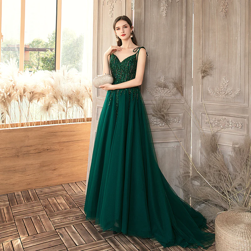 Green Beaded V-Neckline Straps Tulle Long Formal Dress, Dark Green A-Line Prom Dress gh78
