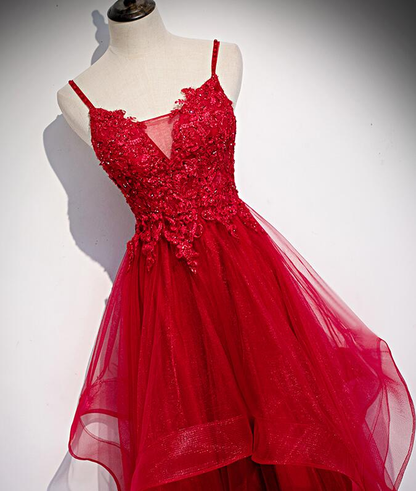 Red Lace Tulle Layered Straps Fashionable Long Party Dress, Long Prom Gown gh277
