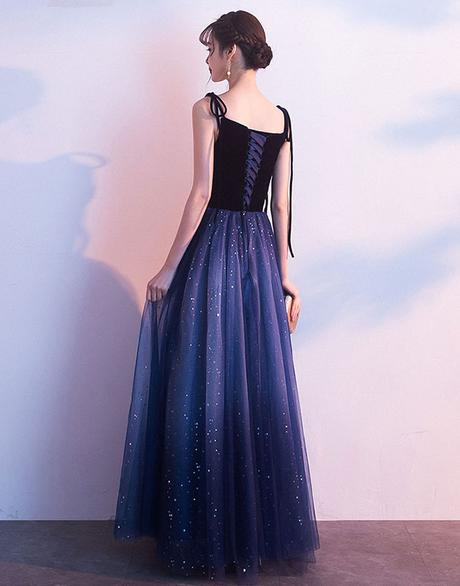 Blue Tulle With Velvet Straps Long Party Dress, Gorgeous Formal Gown gh551