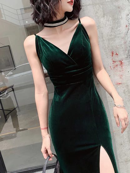 Dark Green Velvet Long Straps Floor Length Party Dress, Green Prom Dress Formal Dress  gh33