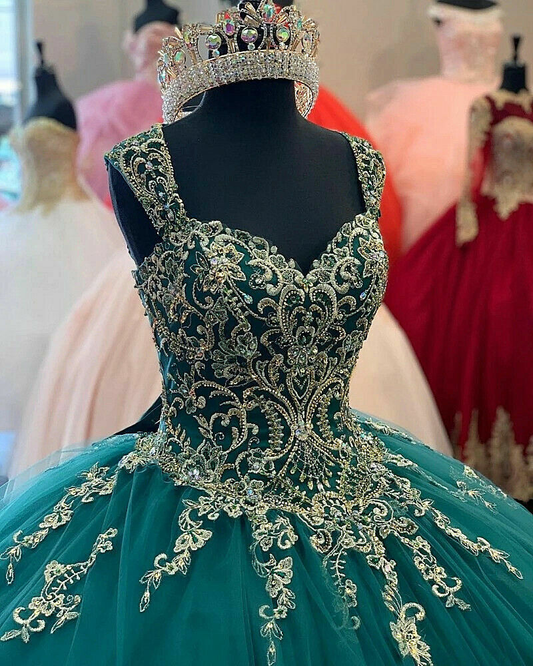 Green Sweetheart Quinceanera Dresses Beaded Appliques Tulle Sweet 16 Ball Gown gh949