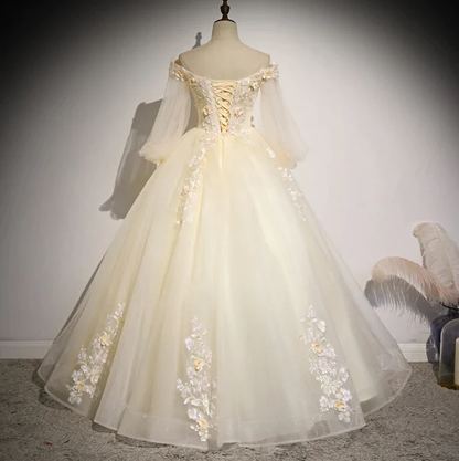 Beautiful Ivory Tulle Long Sleeves Floral Sweet 16 Gown, Party Gowns prom dress  gh922
