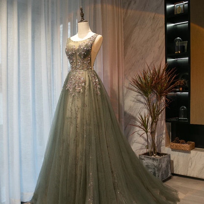 Beautiful Tulle With Applique Light Green Round Neckline Prom Dress, Low Black Long Formal Dress  gh92