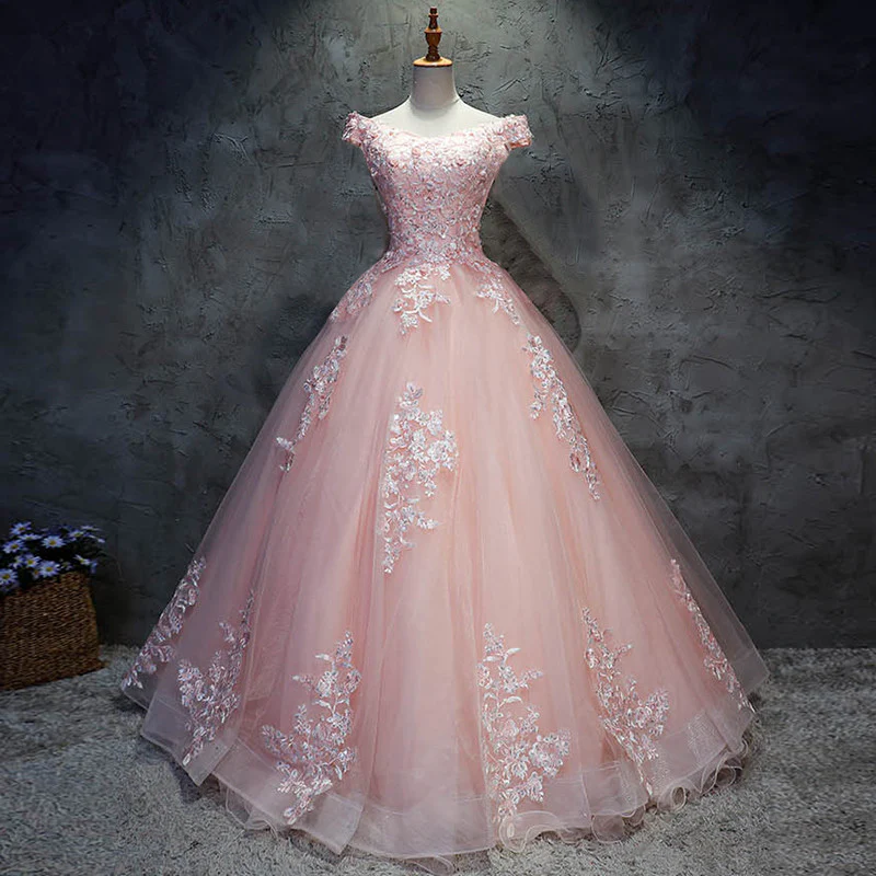 Pink Cap Sleeves Ball Gown Tulle With Lace Sweet 16 Dresses, Long Quinceanera Dresses gh77