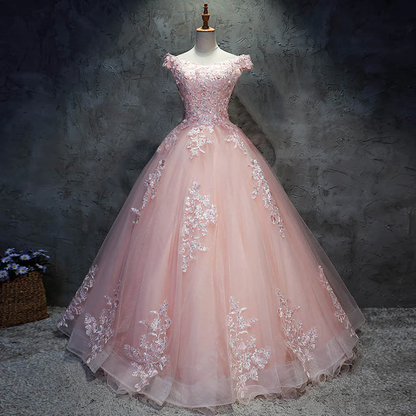 Pink Cap Sleeves Ball Gown Tulle With Lace Sweet 16 Dresses, Long Quinceanera Dresses gh77