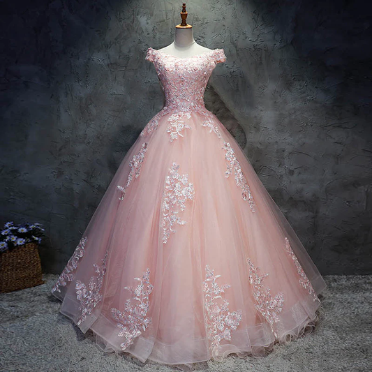 Pink Cap Sleeves Ball Gown Tulle With Lace Sweet 16 Dresses, Long Quinceanera Dresses gh77