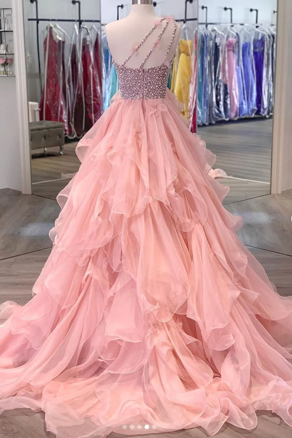 Gorgeous One Shoulder Beaded Pink Long Prom Dresses, Fluffy Pink Formal Evening Dresses, Beaded Ball Gown  gh920