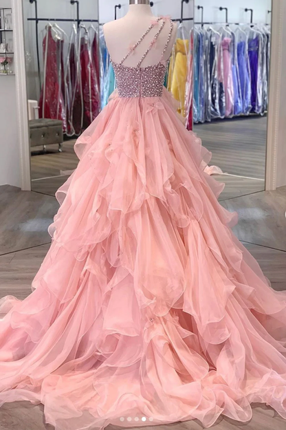 Gorgeous One Shoulder Beaded Pink Long Prom Dresses, Fluffy Pink Formal Evening Dresses, Beaded Ball Gown  gh920