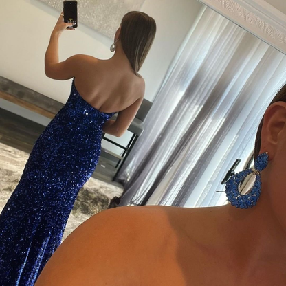 Royal Blue Strapless Mermaid Prom Dress Split With Sequins  gh749