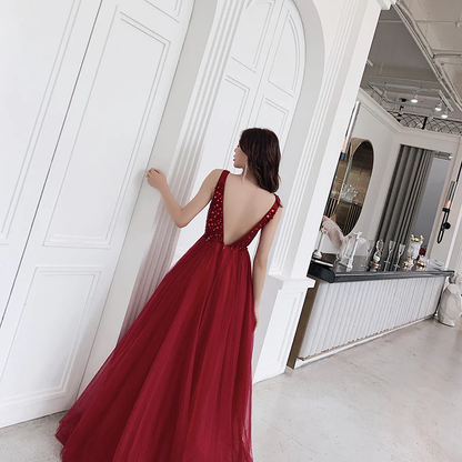 Sexy V-Neckline Wine Red Tulle Floor Length Party Dress, Red Formal Gown  gh404