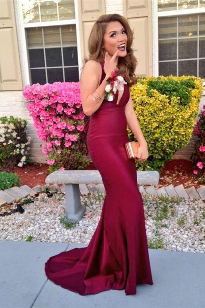 Burgundy V-Neck Sleeveless Prom Dress gh643