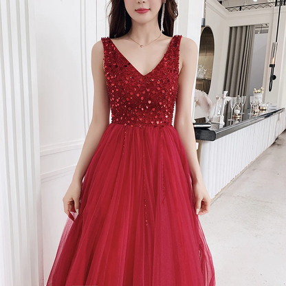 Sexy V-Neckline Wine Red Tulle Floor Length Party Dress, Red Formal Gown  gh404