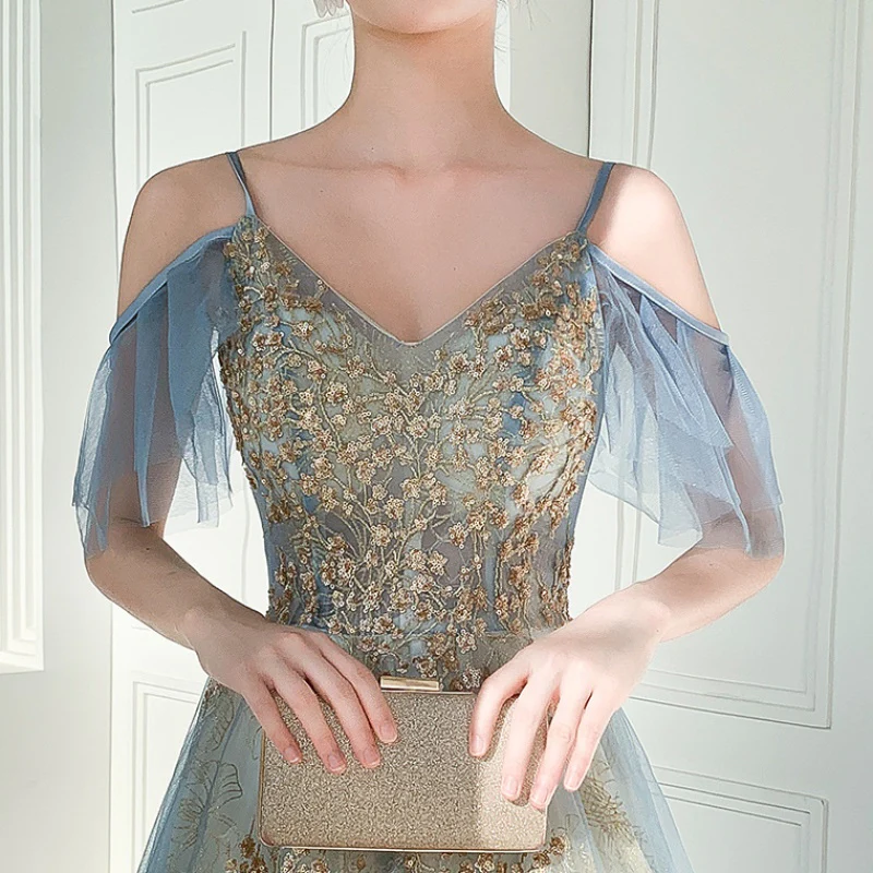 Charming Lace Light Blue V-Neckline Long Prom Dress, A-Line Formal Dress Evening Dress  gh204