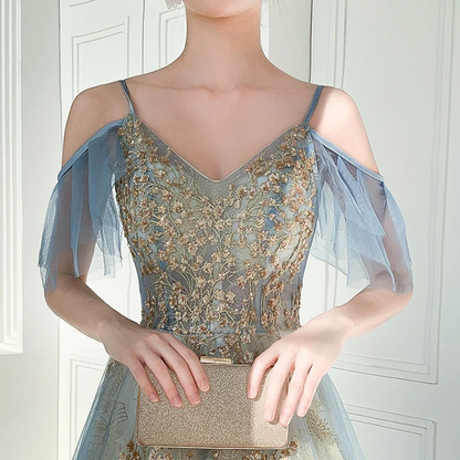 Charming Lace Light Blue V-Neckline Long Prom Dress, A-Line Formal Dress Evening Dress  gh204