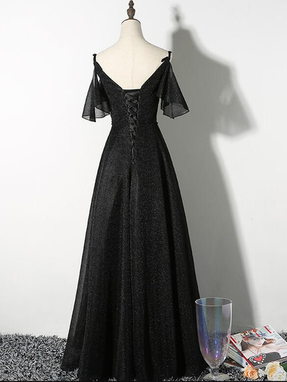 Beautiful Black Straps V-Neckline Long Party Dress, Black Formal Gown gh472