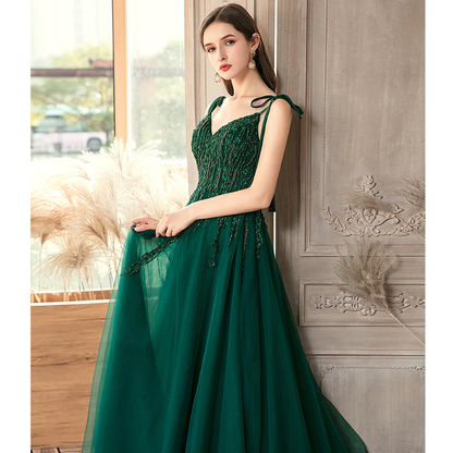 Green Beaded V-Neckline Straps Tulle Long Formal Dress, Dark Green A-Line Prom Dress gh78