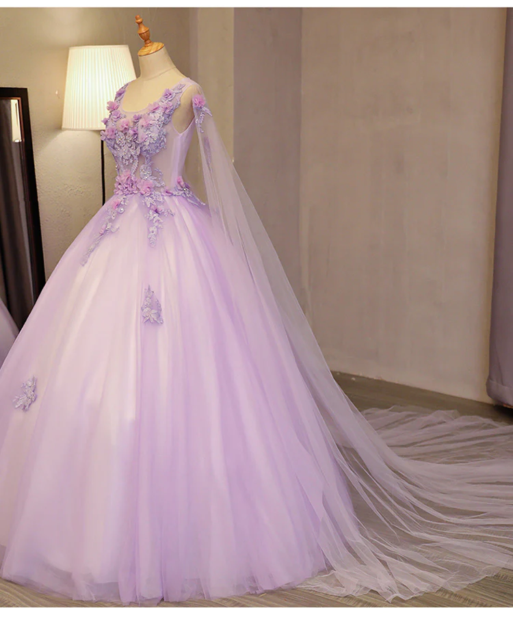 Charming Lavender Tulle Flowers Long Prom Dress, Sweet 16 Gowns  gh380