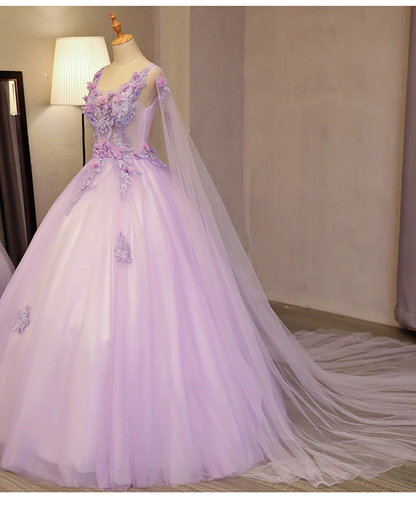 Charming Lavender Tulle Flowers Long Prom Dress, Sweet 16 Gowns  gh380