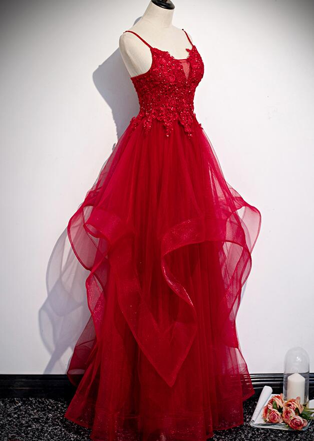 Red Lace Tulle Layered Straps Fashionable Long Party Dress, Long Prom Gown gh277