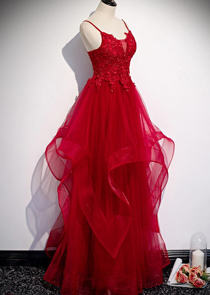 Red Lace Tulle Layered Straps Fashionable Long Party Dress, Long Prom Gown gh277