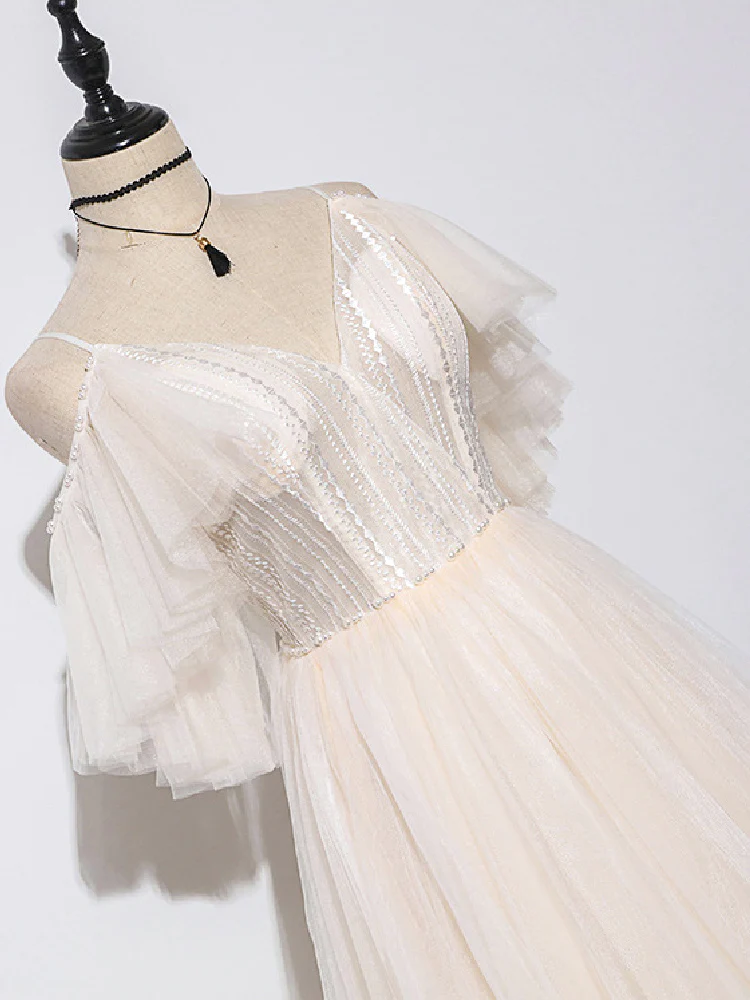 Beautiful Champagne Tulle Long A-Line Party Dress, Evening Gown  gh474