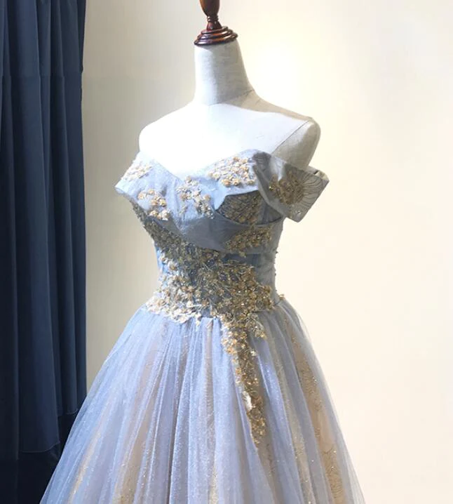 Charming Grey-Blue Tulle Floor Length Party Dress Beautiful Formal Gown gh456