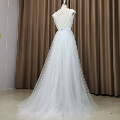 Beautiful Light Grey Tulle Long Party Dress, Light Grey Evening Gown gh183
