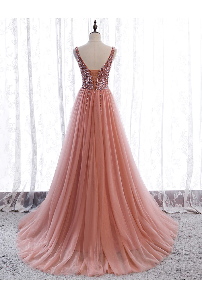 Pink Long Sparkle Beaded Tulle Slit Prom Dress,Pink V-Neckline Evening Gown gh161