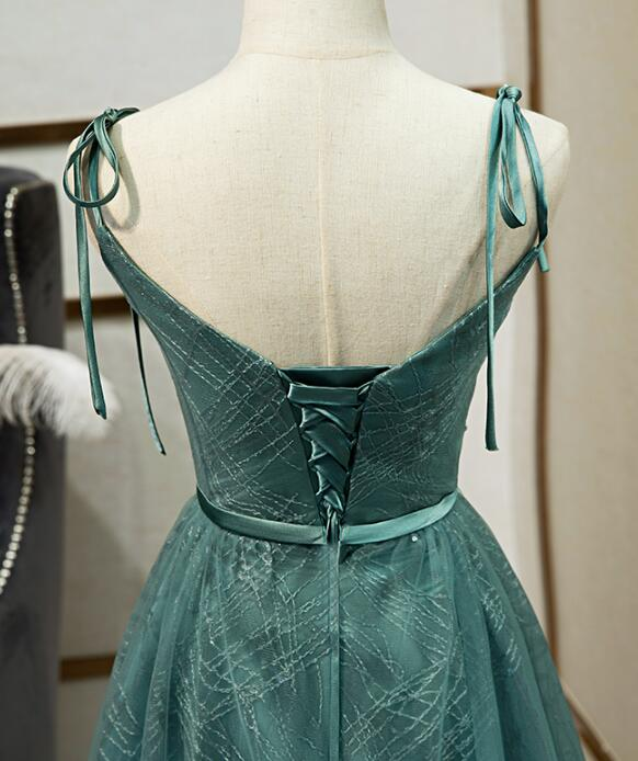 Green Tulle Long Prom Dress, New V-Neckline Straps Long Party Dress gh286