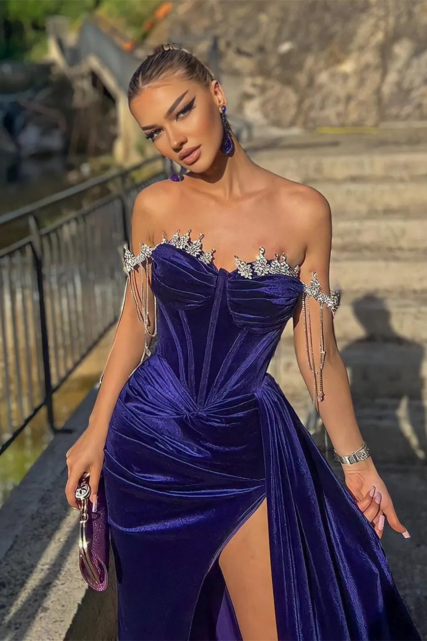 Velvet Off-the-Shoulder Beads Split Mermaid Prom Dress With Ruffles   gh726