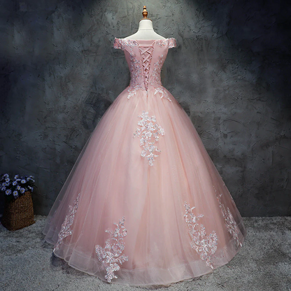 Pink Cap Sleeves Ball Gown Tulle With Lace Sweet 16 Dresses, Long Quinceanera Dresses gh77
