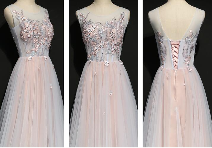 Light Pink Floral Tulle A-Line Prom Dress  Long Party Dress  gh401