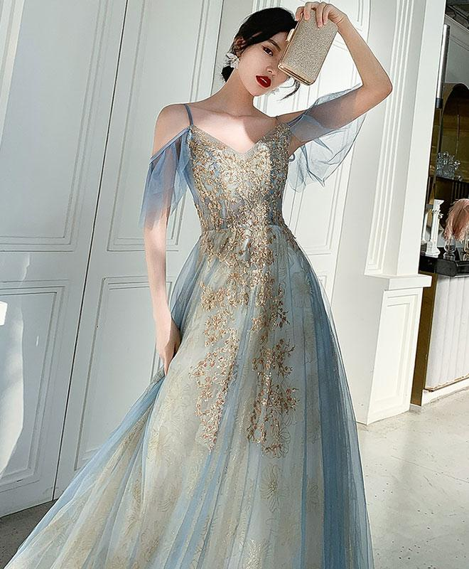 Charming Lace Light Blue V-Neckline Long Prom Dress, A-Line Formal Dress Evening Dress  gh204